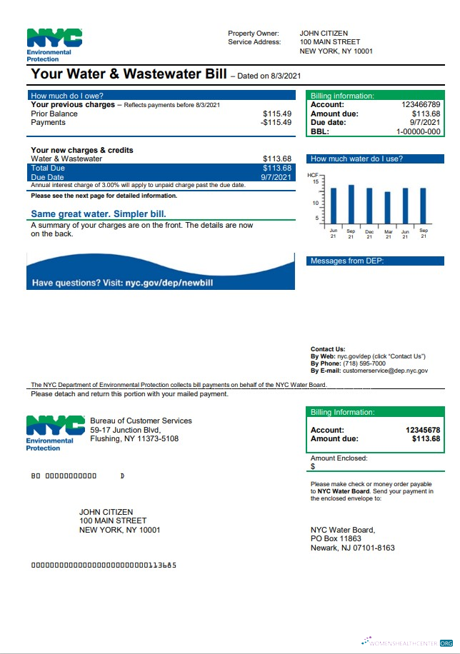 USA The New York City Department of Environmental Protection (DEP) utility bill template in Word and PDF format